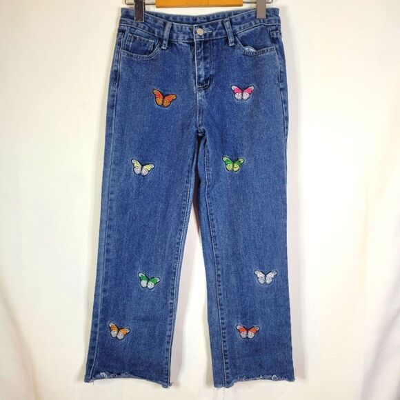 🦋11-12Y Butterfly Embroidered Blue Jeans - Picture 1 of 12